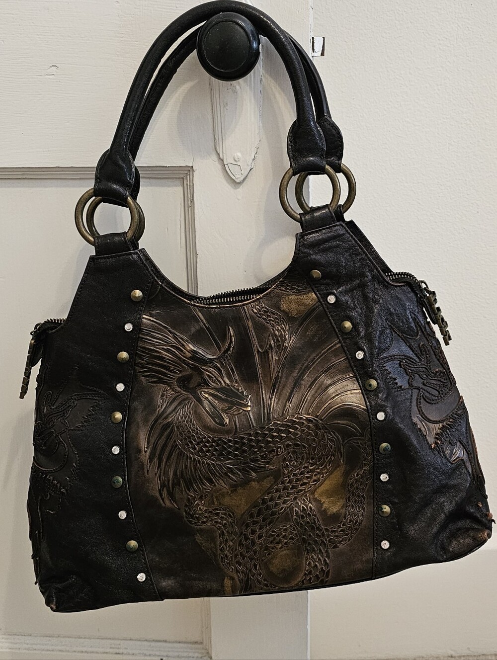 Charm and Luck Black Dragon Embossed Studded Zip Satchel Top Handle Bag